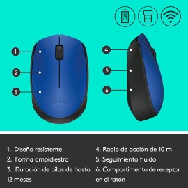 Logitech M170 - Mouse - right and left-handed - wireless - 2.4 GHz - USB wireless receiver - blue