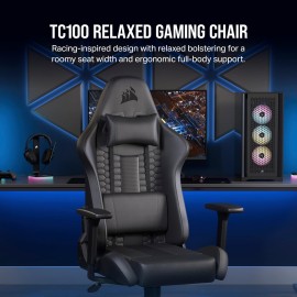 Corsair TC100 Relaxed Gaming Chair - Leatherette - Racing-Inspired Design - Lumbar Pillow - Detachable Memory Foam Neck Pillow - Adjustable Seat Height - Adjustable Armrests - Black