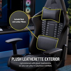 Corsair TC100 Relaxed Gaming Chair - Leatherette - Racing-Inspired Design - Lumbar Pillow - Detachable Memory Foam Neck Pillow - Adjustable Seat Height - Adjustable Armrests - Black
