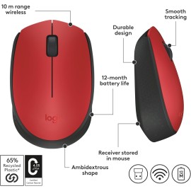 Logitech M170 - Mouse - right and left-handed - wireless - 2.4 GHz - USB wireless receiver - red