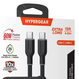 HyperGear® Flexi Pro USB-C® to USB-C® Soft-Touch Silicone Fast Charge and Sync Cable (15 Ft.; Black)
