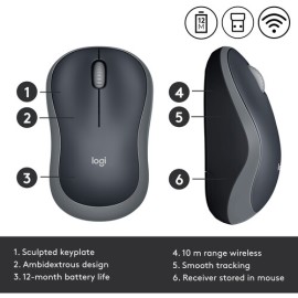 Logitech M185 - Mouse - optical - 3 buttons - wireless - 2.4 GHz - USB wireless receiver - swift gray