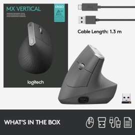 Logitech MX Vertical - Vertical mouse - ergonomic - optical - 6 buttons - wireless, wired - Bluetooth, 2.4 GHz - USB wireless receiver - graphite