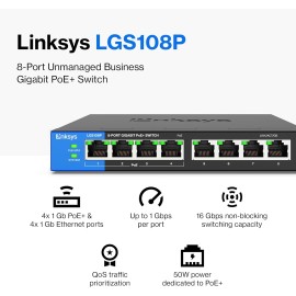 Linksys LGS108P - Switch - unmanaged - 4 x 10/100/1000 (PoE+) + 4 x 10/100/1000 - desktop, wall-mountable - PoE+ - AC 100/230 V - 2 years warranty