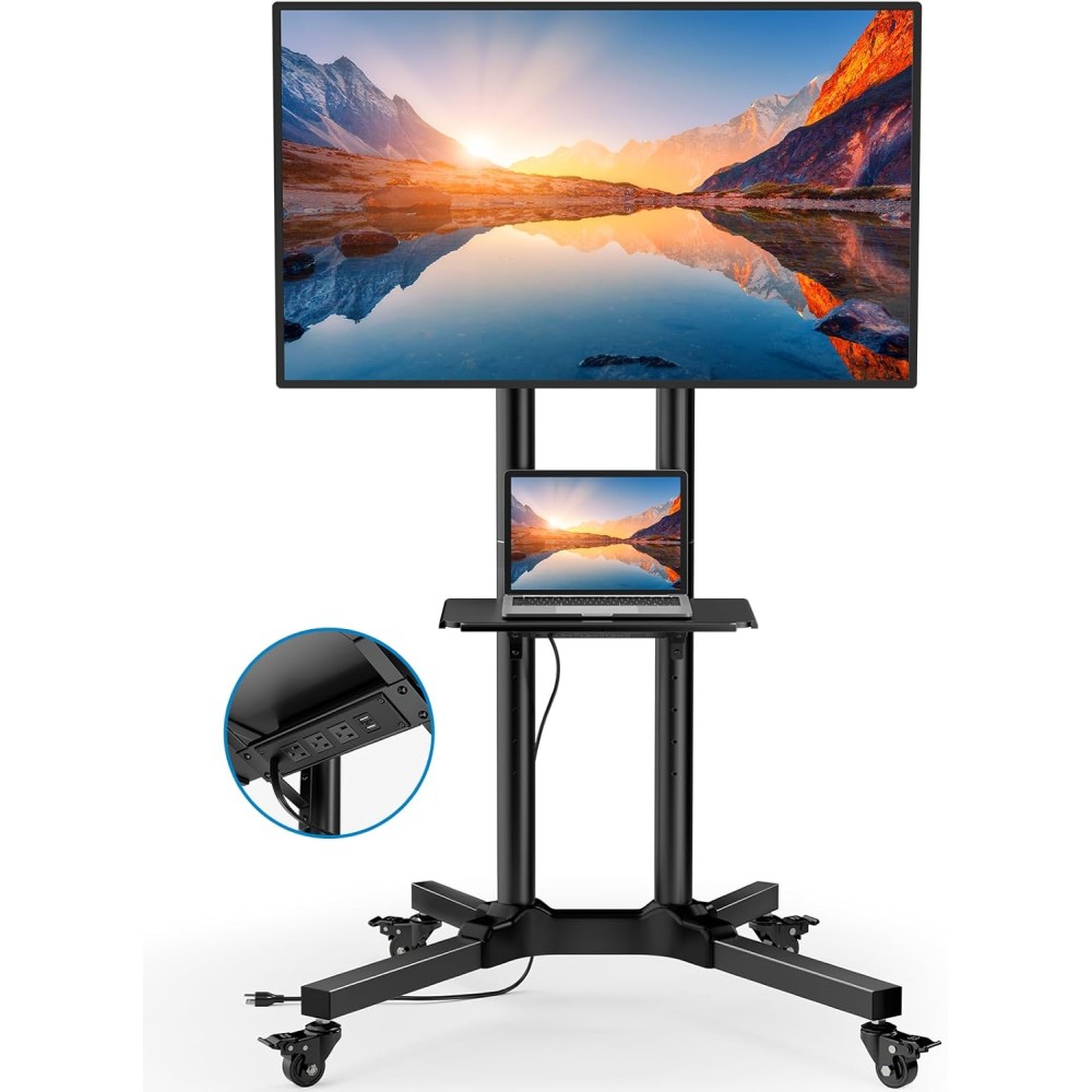 HUANUO TV Stand with Power Outlet, Rolling TV Stand for 32-85 Inch Flat/Curved LED TVs, Tilt TV Cart with Adjustable Shelf, Mobile TV Stand on Wheels Holds up to 132 lbs Max VESA 600x400mm