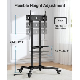 HUANUO TV Stand with Power Outlet, Rolling TV Stand for 32-85 Inch Flat/Curved LED TVs, Tilt TV Cart with Adjustable Shelf, Mobile TV Stand on Wheels Holds up to 132 lbs Max VESA 600x400mm