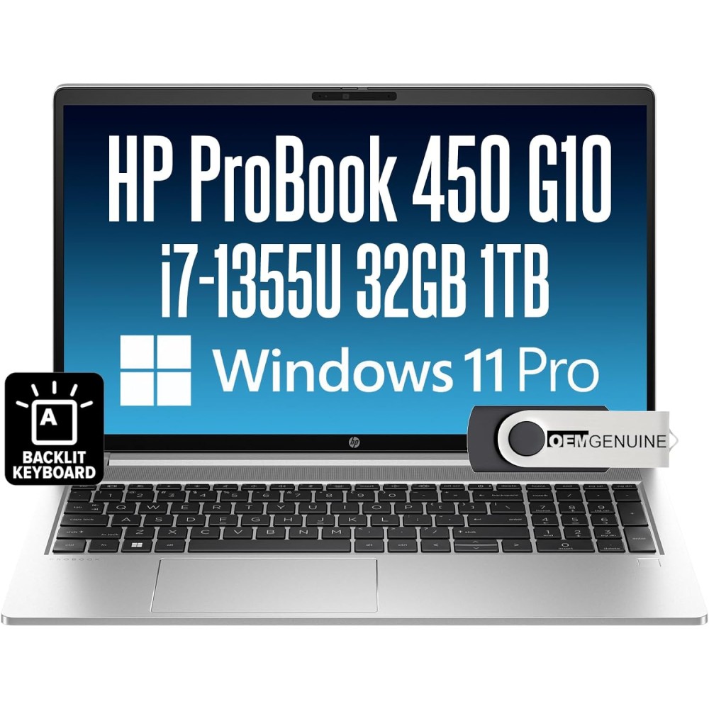 HP ProBook 450 G10 Business Laptop 15.6” FHD Display, Intel 10 Core i7-1355U (13th gen), 32GB RAM, 1TB NVMe, Wi-Fi 6, RJ-45, Webcam, HDMI, Backlit Keyboard, Win 11 Pro - Silver w/USB Drive