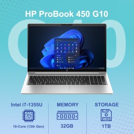 HP ProBook 450 G10 Business Laptop 15.6” FHD Display, Intel 10 Core i7-1355U (13th gen), 32GB RAM, 1TB NVMe, Wi-Fi 6, RJ-45, Webcam, HDMI, Backlit Keyboard, Win 11 Pro - Silver w/USB Drive