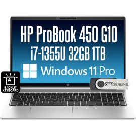 HP ProBook 450 G10 Business Laptop 15.6” FHD Display, Intel 10 Core i7-1355U (13th gen), 32GB RAM, 1TB NVMe, Wi-Fi 6, RJ-45, Webcam, HDMI, Backlit Keyboard, Win 11 Pro - Silver w/USB Drive