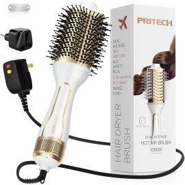 PRITECH Dual Voltage Hair Dryer Brush, PRITECH Hot Air Brush, Ionic 1000W Blow Dryer Brush 4 in 1 Styler, One Step Volumizer with Ceramic Coating for Straight and Curling Hair Salon