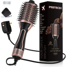 PRITECH Dual Voltage Hair Dryer Brush, PRITECH Hot Air Brush, Ionic 1000W Blow Dryer Brush 4 in 1 Styler, One Step Volumizer with Ceramic Coating for Straight and Curling Hair Salon