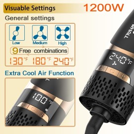 Nicebay Hair Dryer Brush, Hot Tools Blow Dryer Brush for Women, One Step Blowout Brush with Display Screen, Oval Ceramic Barrel, Negative Ion, Black and Gold