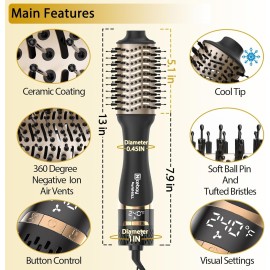 Nicebay Hair Dryer Brush, Hot Tools Blow Dryer Brush for Women, One Step Blowout Brush with Display Screen, Oval Ceramic Barrel, Negative Ion, Black and Gold