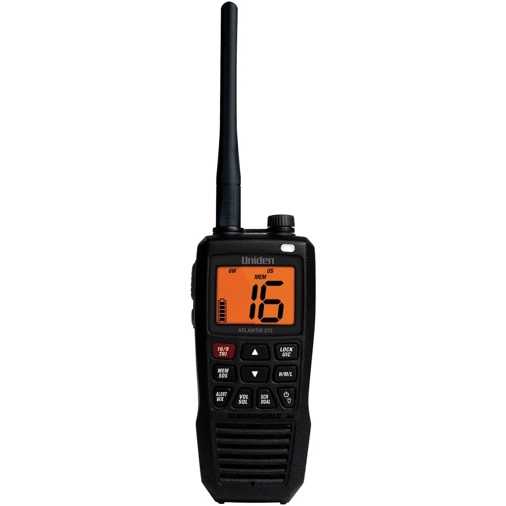 Uniden Atlantis 275 Floating Handheld VHF Marine Radio, 6W, IPX8 Submersible, NOAA Weather
