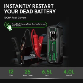 CAROSS T18 Plus Portable Car Jump Starter and USB Power Bank with 1,000-Amp Peak, Advanced Protection Jumper Clamps, LED Light, and QC Fast Charger
