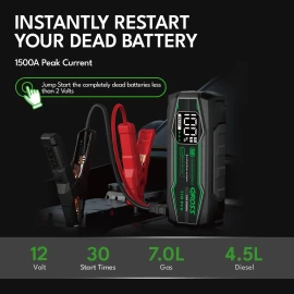 CAROSS T18 Pro Portable Car Jump Starter and USB Power Bank with 1,500-Amp Peak, Advanced Protection Jumper Clamps, LED Light, and QC Fast Charger