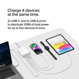 Belkin BoostCharge Pro Power adapter GaN technology 108 Watt Fast Charge, PD 3.0 - 4 output connectors (2 x USB, 2 x USB-C) - white