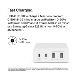 Belkin BoostCharge Pro Power adapter GaN technology 108 Watt Fast Charge, PD 3.0 - 4 output connectors (2 x USB, 2 x USB-C) - white