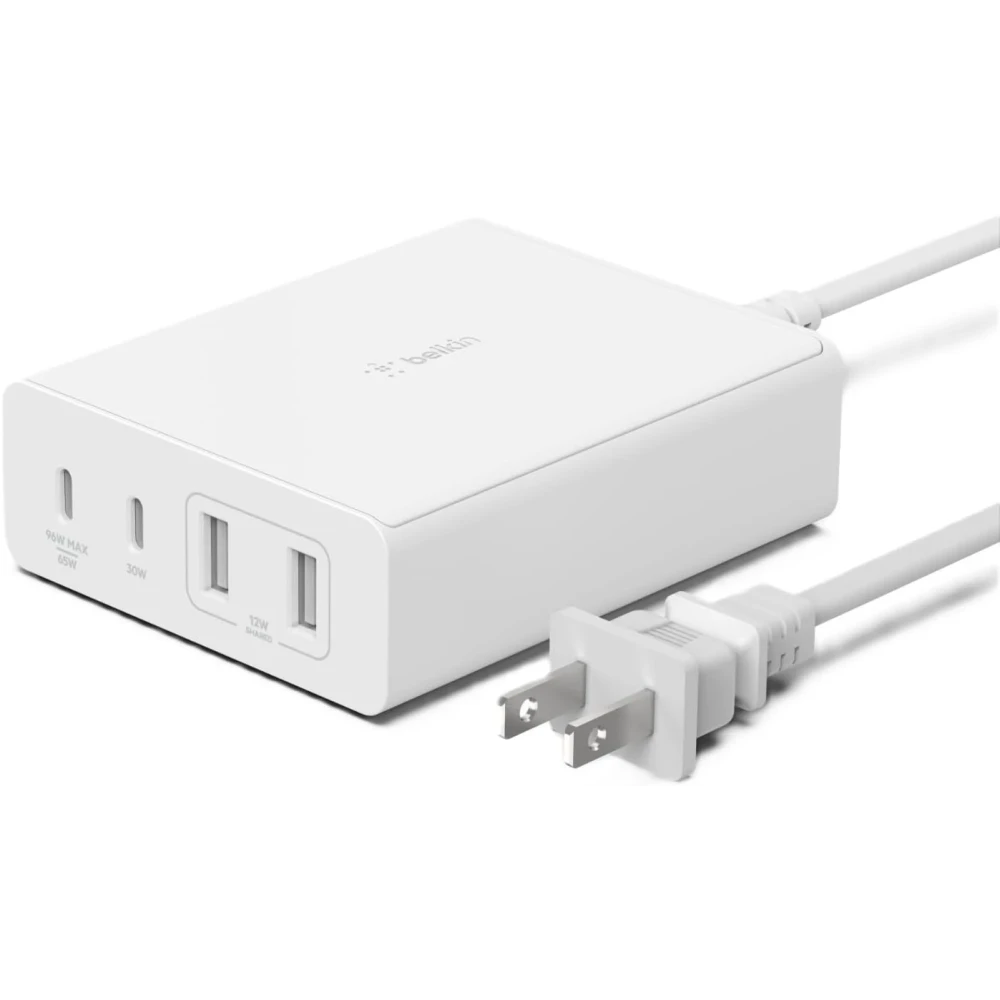 Belkin BoostCharge Pro Power adapter GaN technology 108 Watt Fast Charge, PD 3.0 - 4 output connectors (2 x USB, 2 x USB-C) - white