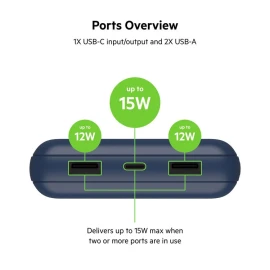 Belkin BoostCharge - Power bank - 20000 mAh - 15 Watt - 3 output connectors (USB, 24 pin USB-C) - on cable: USB-C - blue