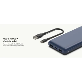 Belkin BoostCharge - Power bank - 20000 mAh - 15 Watt - 3 output connectors (USB, 24 pin USB-C) - on cable: USB-C - blue