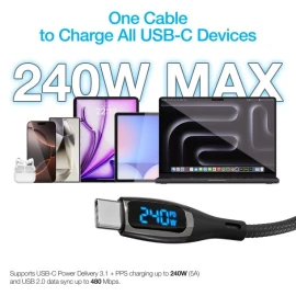 Naztech DigiWATT USB-C to USB-C Digital LED Cable, Black (6 Ft.)