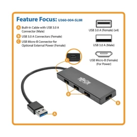 Tripp Lite® by Eaton® Portable USB 3.0 SuperSpeed 5-Gbps Mini Hub, 4 Ports, Ultra-Slim, U360-004-SLIM