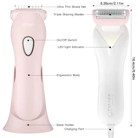 Brori Electric Razor for Women Bikini Trimmer Painless Lady Electric Shaver Wet and Dry Pubic Hairs Removal Trimmer for Leg Underarm Arm Rechargeable Cordless with LED Light