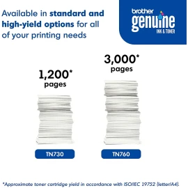 Brother Genuine TN760 High Yield Black Toner Cartridge with approximately 3,000 page yield/cartridge