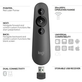 Logitech R500 Laser Presentation Remote with Dual Connectivity Bluetooth or USB for PowerPoint, Keynote, Google Slides, Prezi