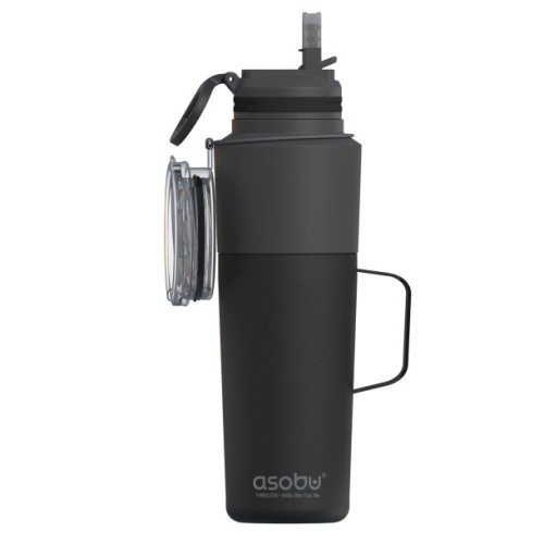 TWIN PACK DOUBLE-WALLED STAINLESS STEEL WATER BOTTLE WITH ATTACHED STAINLESS STEEL MUG (BLACK)