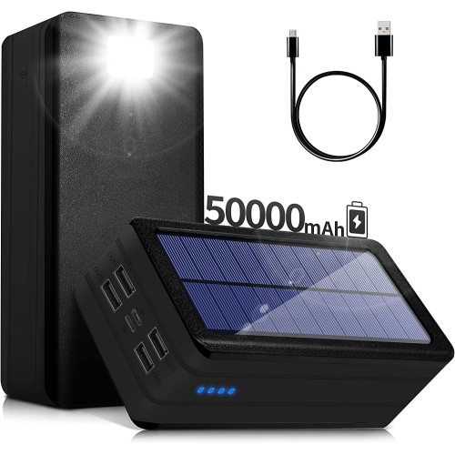 Solar Power Bank 50000mAh, Portable Solar Phone Charger with Flashlight, 4 Output Ports, 2 Input Ports, Solar Battery Bank Compatible with iPhone for Camping, Hiking, Trips