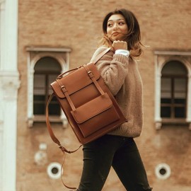 ECOSUSI Laptop Backpack for Women PU Leather Backpack Vintage for Laptop 15.6 inches School Bag College Bookbag
