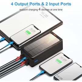 Solar Power Bank 50000mAh, Portable Solar Phone Charger with Flashlight, 4 Output Ports, 2 Input Ports, Solar Battery Bank Compatible with iPhone for Camping, Hiking, Trips