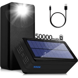 Solar Power Bank 50000mAh, Portable Solar Phone Charger with Flashlight, 4 Output Ports, 2 Input Ports, Solar Battery Bank Compatible with iPhone for Camping, Hiking, Trips