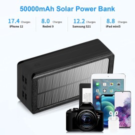 Solar Power Bank 50000mAh, Portable Solar Phone Charger with Flashlight, 4 Output Ports, 2 Input Ports, Solar Battery Bank Compatible with iPhone for Camping, Hiking, Trips
