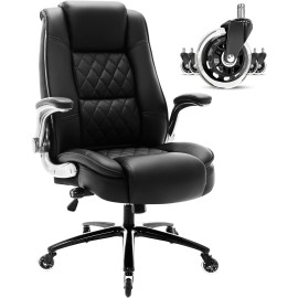 High Back Office Chair- Flip Arms Adjustable Built-in Lumbar Support, Executive Computer Desk Chair Work Chairs, Thick Padded Strong Metal Base Quiet Wheels, Ergonomic Design for Back Pain