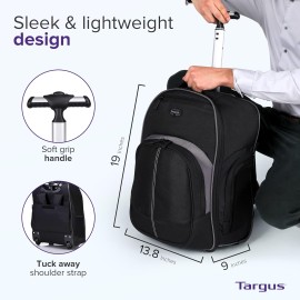 Targus 16 Inch Compact Rolling Backpack, Black - Wheeled Travel Bag with Removable Protective Laptop Sleeve
