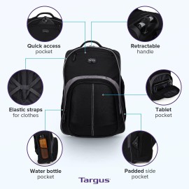 Targus 16 Inch Compact Rolling Backpack, Black - Wheeled Travel Bag with Removable Protective Laptop Sleeve