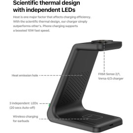 2022 Intoval 3in1 Charger for Fitbit Sense 2/1 Versa 4/3, iPhones, Samsung Galaxy Note and S, Airpods Pro 2/1, Galaxy Buds +/Live and Other Wireless Charging Phones or Earbuds(V3,Black)