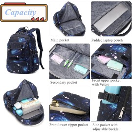3Pcs Galaxy Backpacks for Boys with Insulated Lunch Bag, Water-resistant Boys Backpacks Black blue