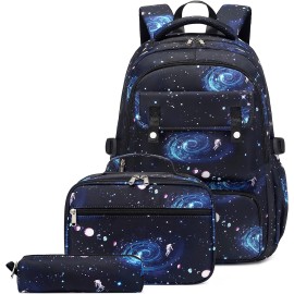 3Pcs Galaxy Backpacks for Boys with Insulated Lunch Bag, Water-resistant Boys Backpacks Black blue