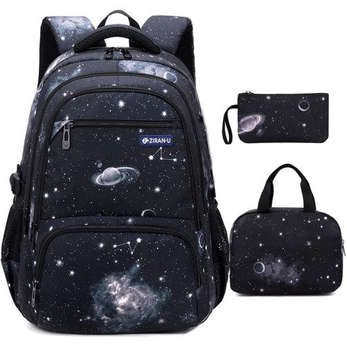 3Pcs Boys Girls Starry Sky Print School Backpack Elementary Middle High Students Waterproof Bookbag with Lunch Bag Pencil Case