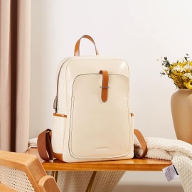 BOSTANTEN Genuine Leather Backpack Purse for Women 15.6 inch Laptop Backpack Large Travel College Shoulder Bag Yellow-beige