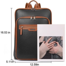 CLUCI Leather Laptop Backpack for Women 15.6 inch Computer Backpack Travel Business Work Large College Daypack Black with Brown