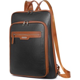 CLUCI Leather Laptop Backpack for Women 15.6 inch Computer Backpack Travel Business Work Large College Daypack Black with Brown