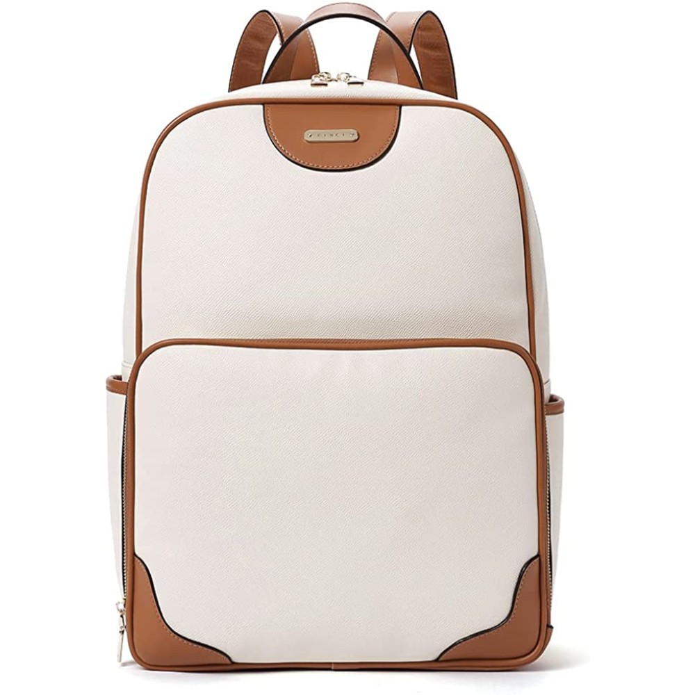CLUCI Womens Laptop Backpack Leather 15.6 Inch Computer Backpack Large Travel Daypack Business Vintage College Bag Embossed Off white with Brown CLB092131107