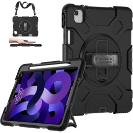 Case for iPad Air 5th/4th Generation: Military Grade Protective Cover iPad Pro 11 Inch Case & iPad Air 5/4 Case 10.9 Inch (2022/2020) W/Pencil Holder- Stand- Handle- Shoulder Strap- Black