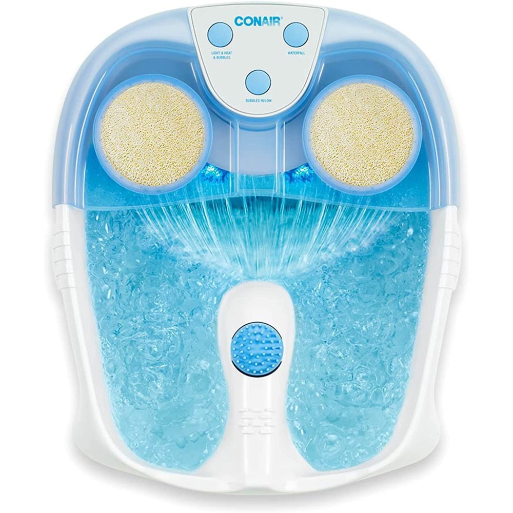 Conair Waterfall Pedicure Foot Spa Bath with Blue LED Lights, Massaging Bubbles and Massage Rollers, Blue/White