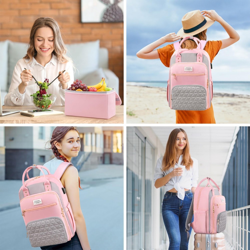 ETRONIK Laptop Lunch Rugzak Voor Vrouwen - 15,6 Inch Met USB-poort En Geïsoleerde Koeltas, Zwart